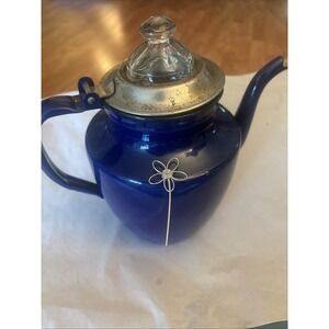 Vintage Cobalt Blue Enamel Ware Teapot Tea Kettle with Hold Tite Glass Lid